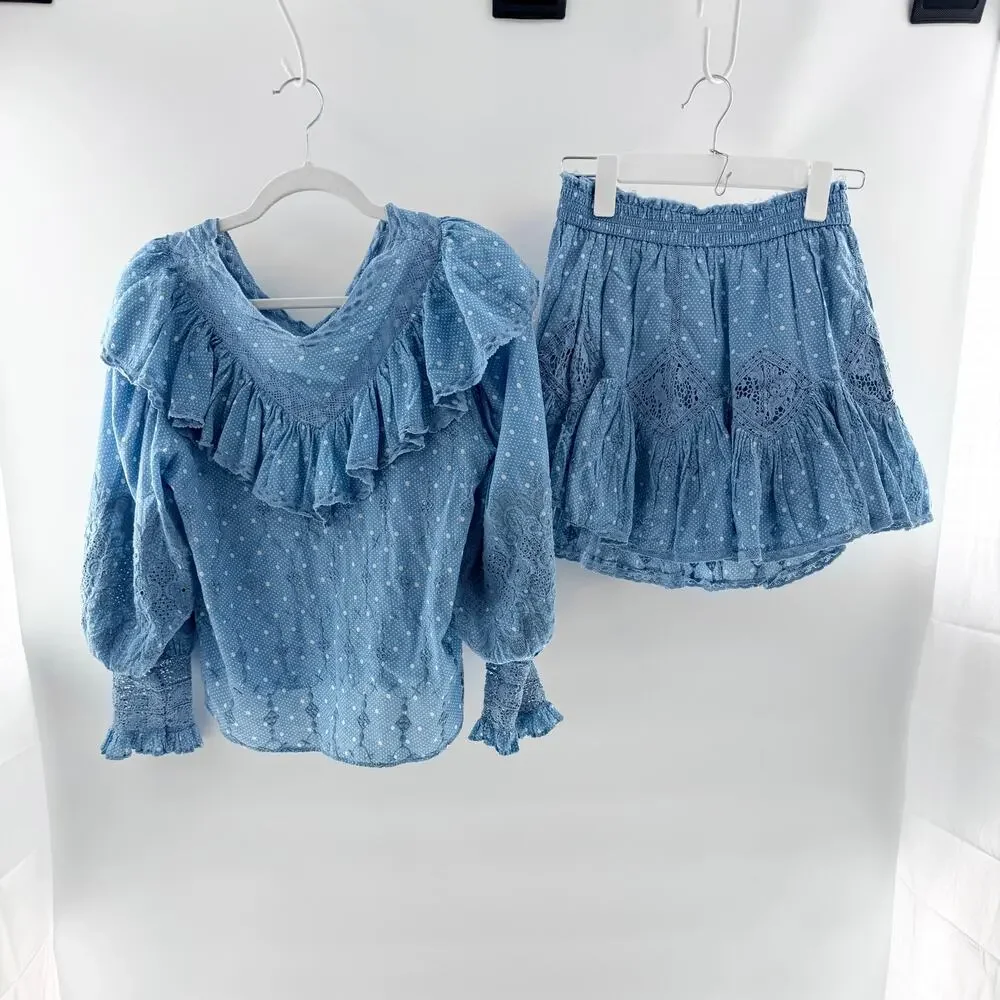 LoveShackFancy Bunnie Blouse & Adia Mini Skirt Set Blue Bonnet Womens Small